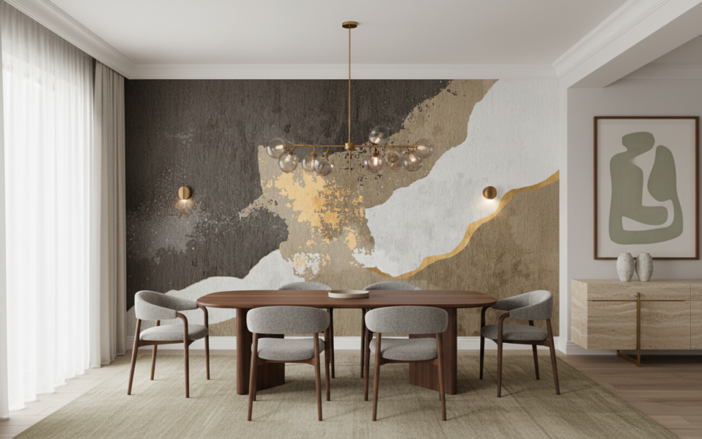 Papier Peint Abstrait Nuances Dorées et Grises Effet Aquarelle - Salle à manger