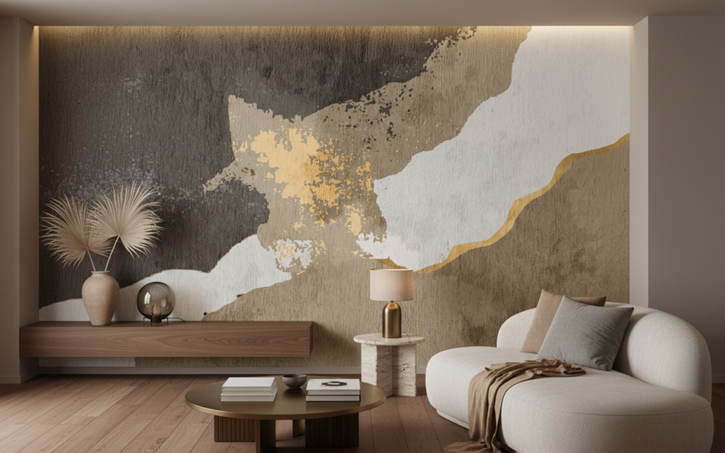 Papier Peint Abstrait Nuances Dorées et Grises Effet Aquarelle - Salon / Séjour