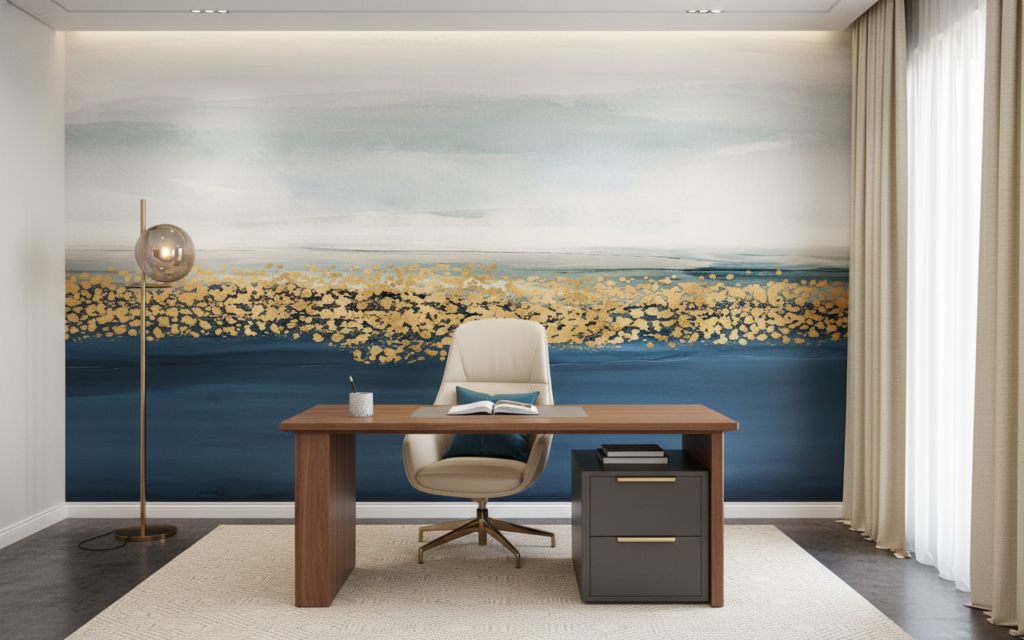 Papier Peint Abstrait Océan Bleu Doré Effet Vagues Dorées - Bureau