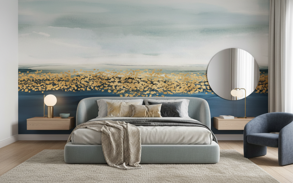 Papier Peint Abstrait Océan Bleu Doré Effet Vagues Dorées - Chambre adulte