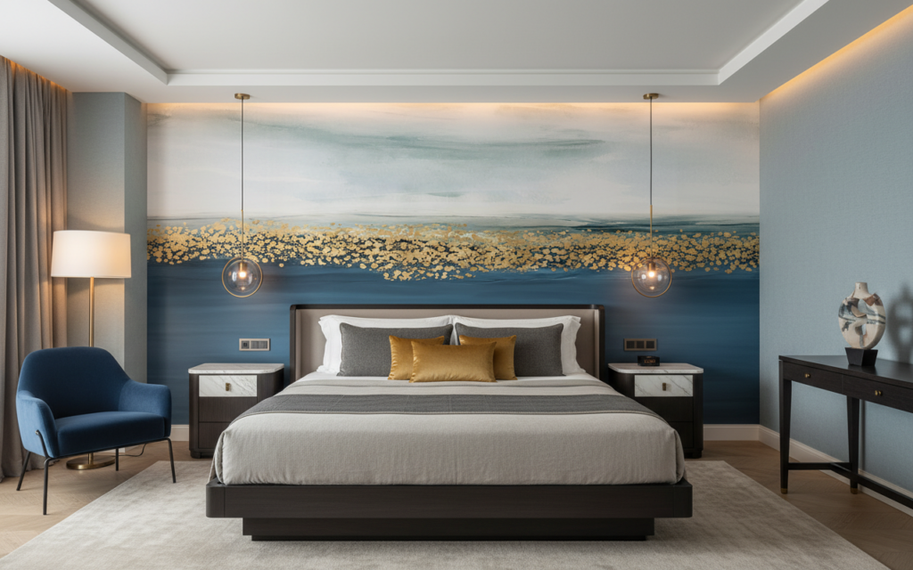 Papier Peint Abstrait Océan Bleu Doré Effet Vagues Dorées - Hôtel