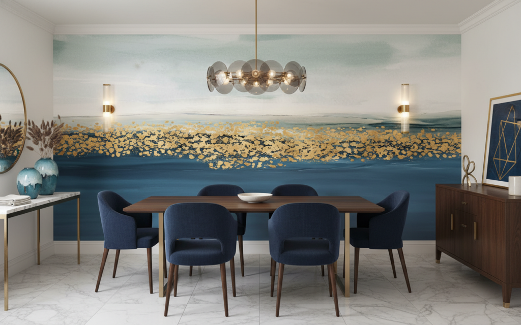 Papier Peint Abstrait Océan Bleu Doré Effet Vagues Dorées - Salle à manger