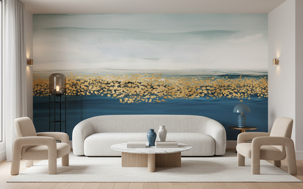Papier Peint Abstrait Océan Bleu Doré Effet Vagues Dorées - Salon / Séjour