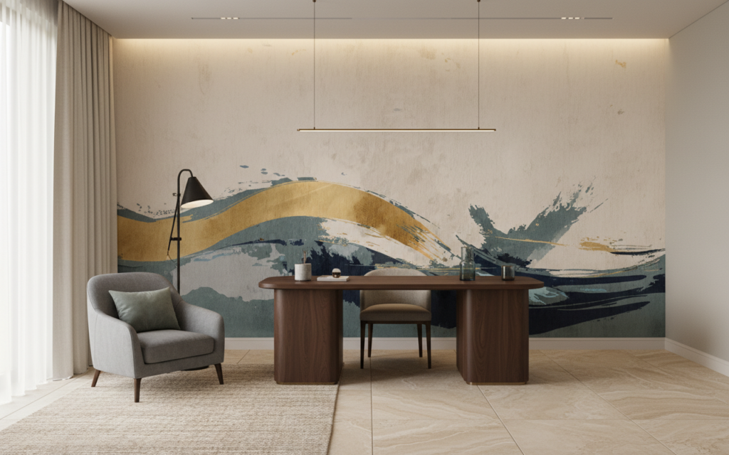 Papier peint aquarelle abstraite vagues dorées et bleues - Bureau