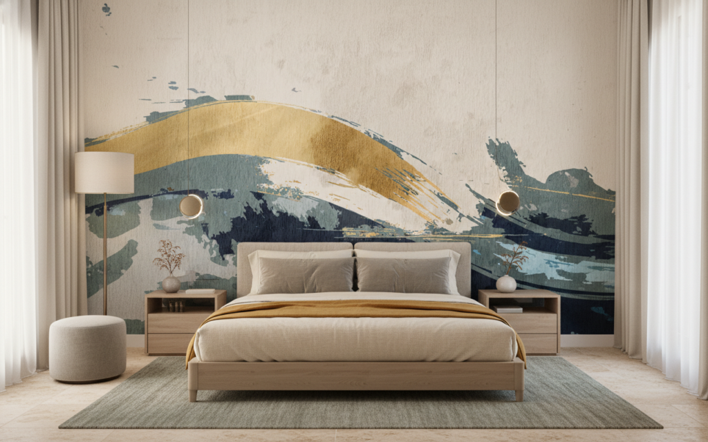 Papier peint aquarelle abstraite vagues dorées et bleues - Chambre adulte