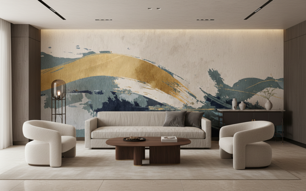 Papier peint aquarelle abstraite vagues dorées et bleues - Hôtel