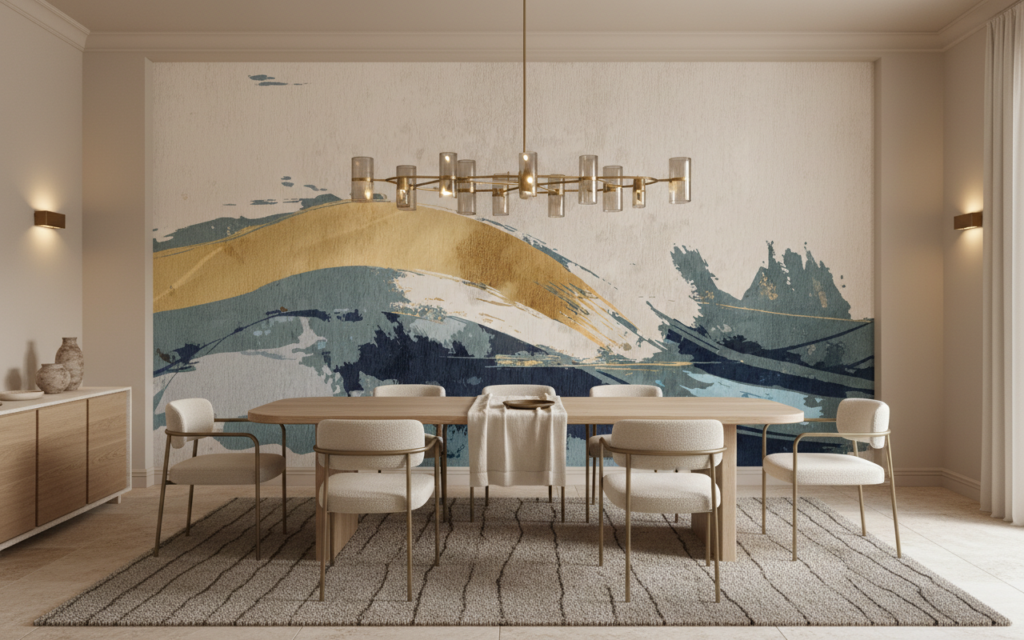 Papier peint aquarelle abstraite vagues dorées et bleues - Salle à manger