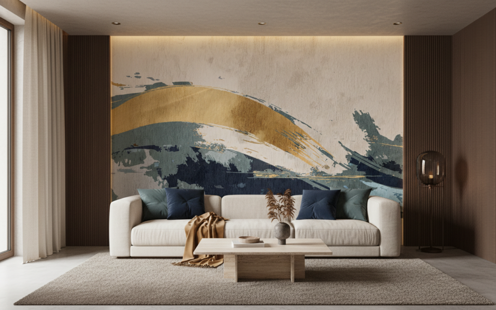 Papier peint aquarelle abstraite vagues dorées et bleues - Salon / Séjour