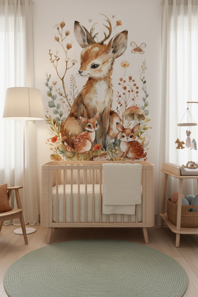 Papier peint aquarelle famille de cerfs dans jardin botanique - Chambre bébé