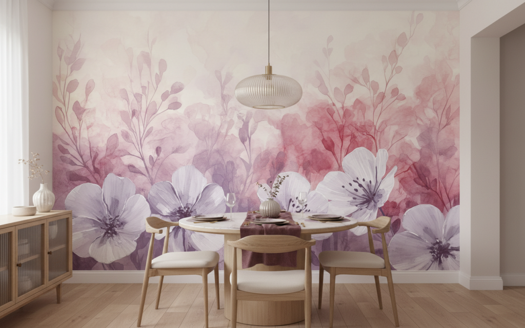 Papier peint aquarelle fleurs blanches et feuillage rose romantique - Salle à manger