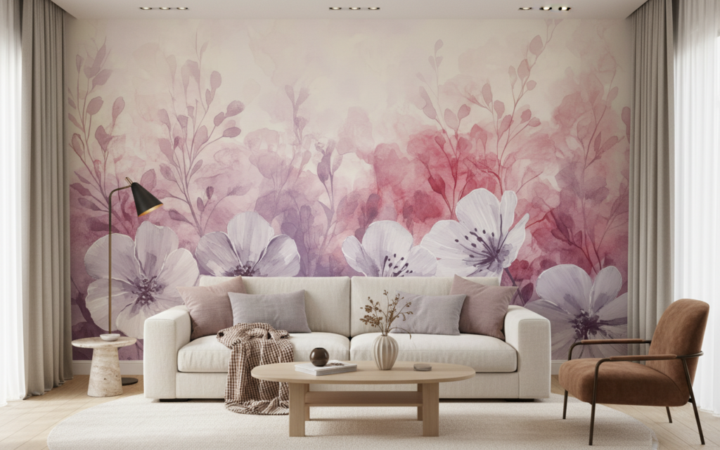 Papier peint aquarelle fleurs blanches et feuillage rose romantique - Salon / Séjour