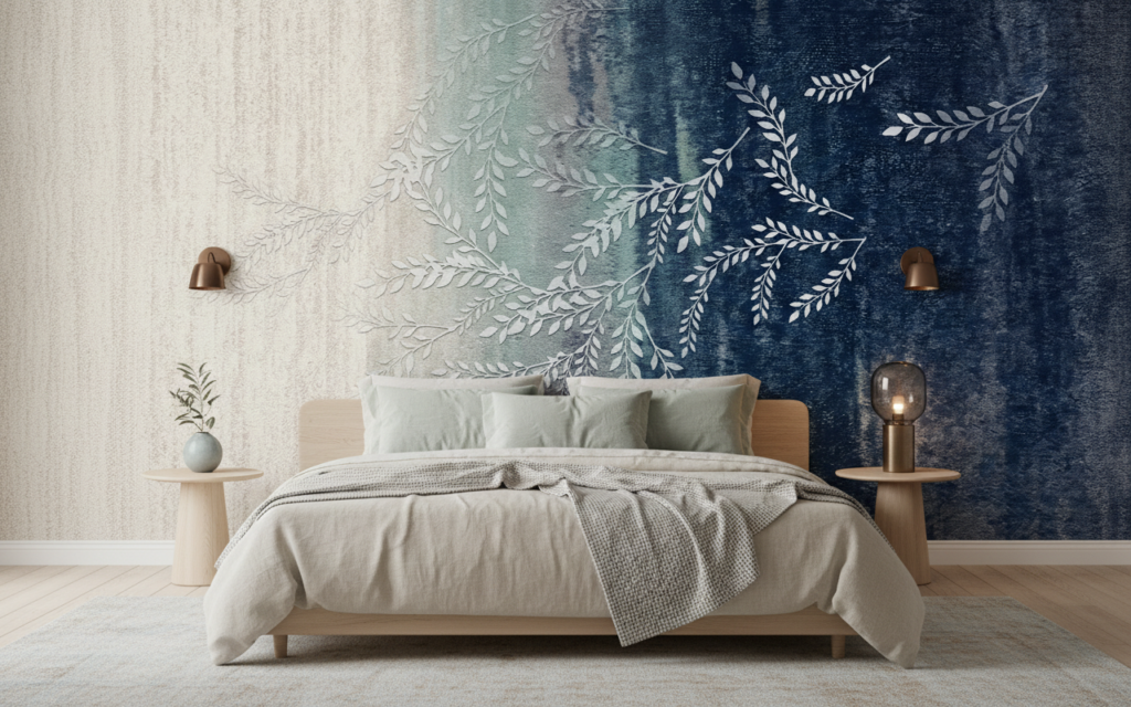 Papier peint aquarelle fougères délicates bleu et beige naturel - Chambre adulte