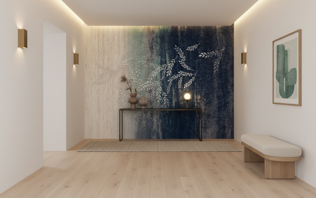 Papier peint aquarelle fougères délicates bleu et beige naturel - Couloir