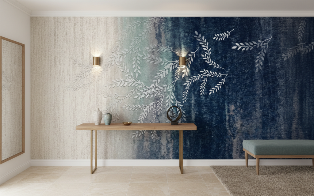 Papier peint aquarelle fougères délicates bleu et beige naturel - Entrée