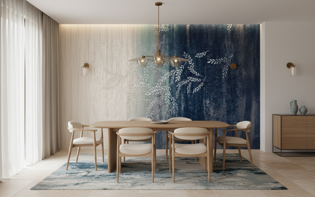 Papier peint aquarelle fougères délicates bleu et beige naturel - Salle à manger