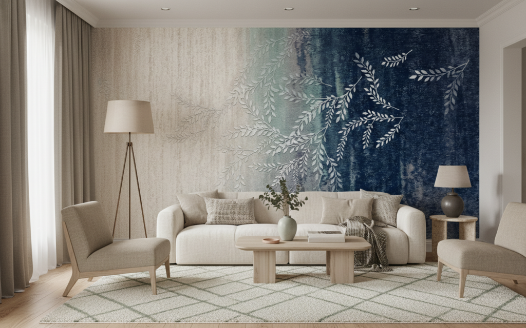 Papier peint aquarelle fougères délicates bleu et beige naturel - Salon / Séjour