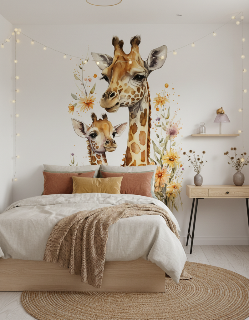 Papier Peint Aquarelle Girafes et Fleurs Sauvages Style Nursery - Chambre ado