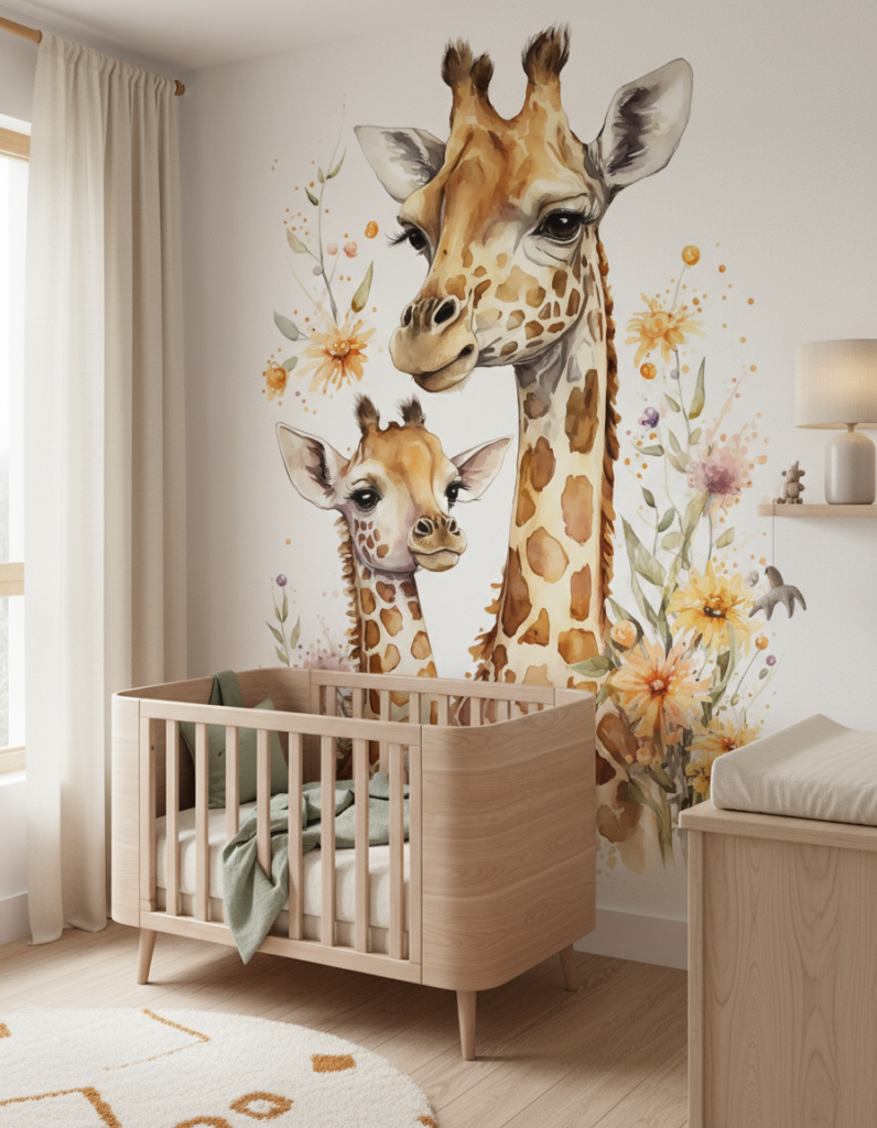 Papier Peint Aquarelle Girafes et Fleurs Sauvages Style Nursery - Chambre bébé