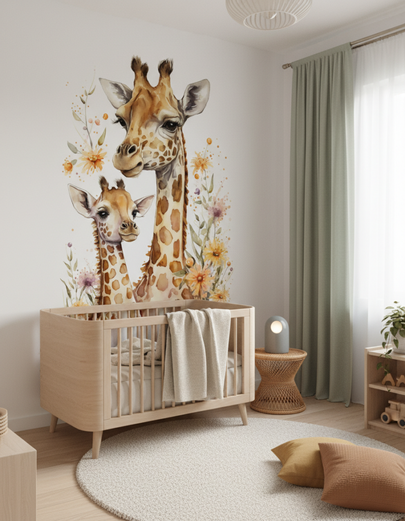 Papier Peint Aquarelle Girafes et Fleurs Sauvages Style Nursery - Chambre enfant