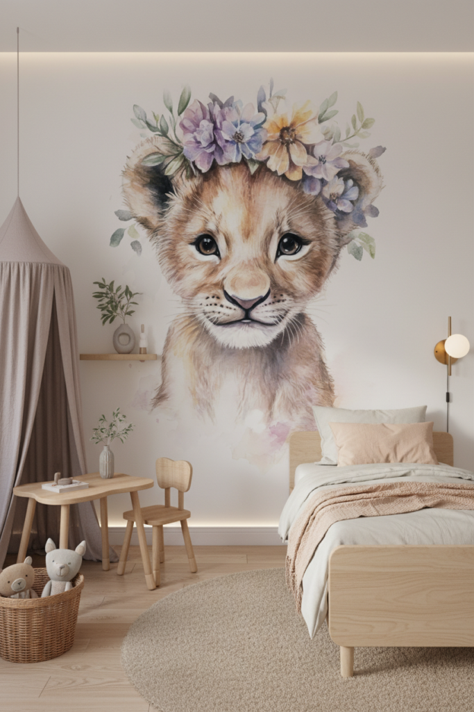 Papier peint aquarelle lionceau adorable couronne fleurs pastel enfant - Chambre enfant