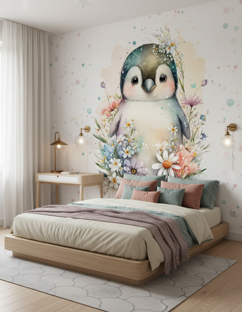 Papier Peint Aquarelle Pingouin Bébé avec Fleurs Délicates et Pois - Chambre ado