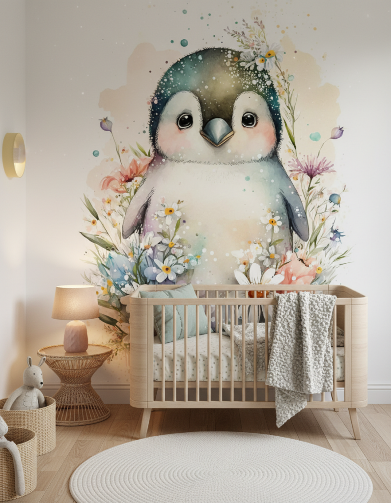 Papier Peint Aquarelle Pingouin Bébé avec Fleurs Délicates et Pois - Chambre enfant