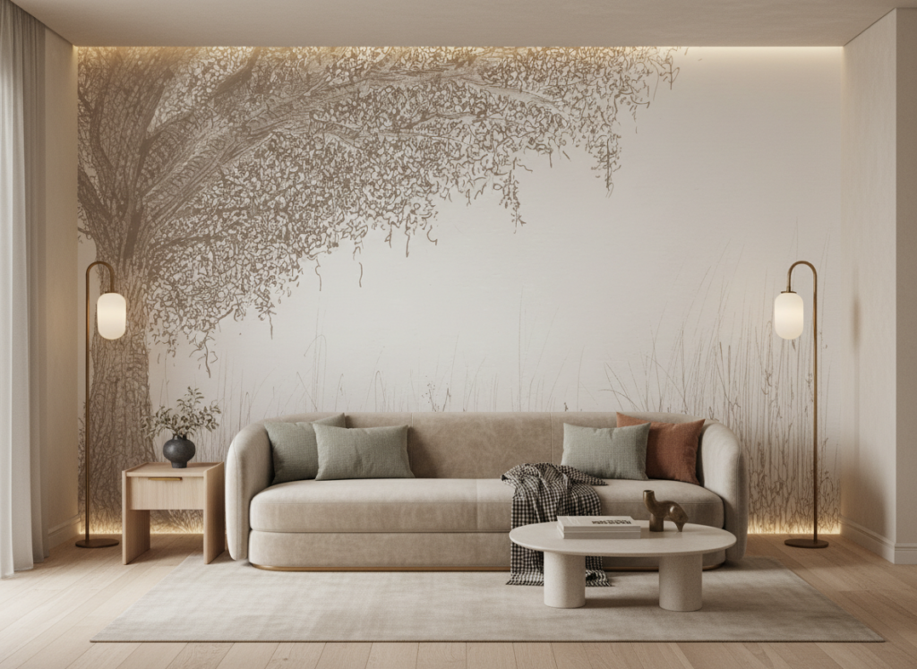 Papier peint arbre saule pleureur esquisse nature romantique - Salon / Séjour