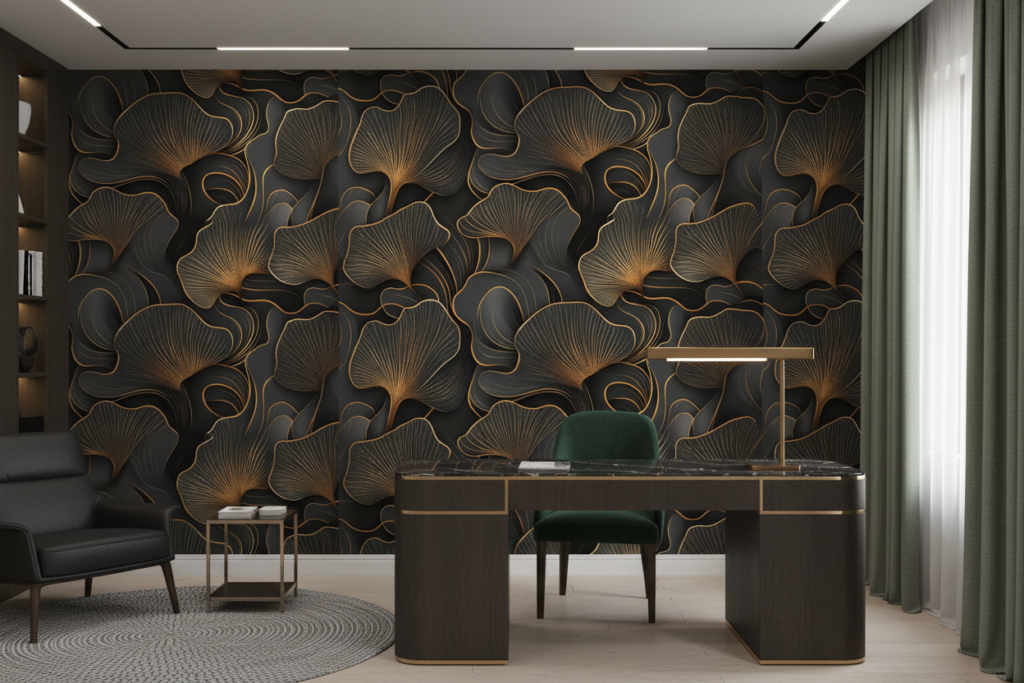 Papier Peint Art Déco Feuilles Dorées sur Fond Anthracite - Bureau