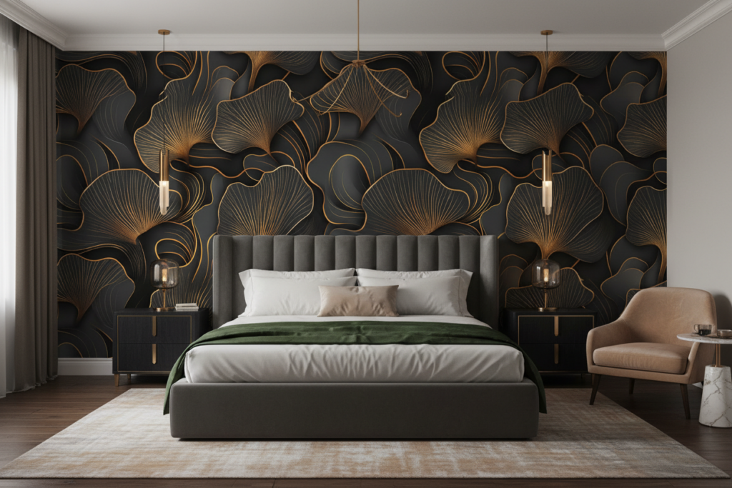Papier Peint Art Déco Feuilles Dorées sur Fond Anthracite - Chambre adulte