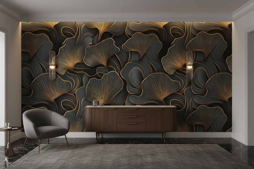 Papier Peint Art Déco Feuilles Dorées sur Fond Anthracite - Entrée