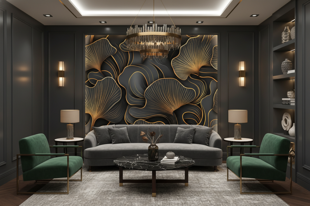 Papier Peint Art Déco Feuilles Dorées sur Fond Anthracite - Hôtel