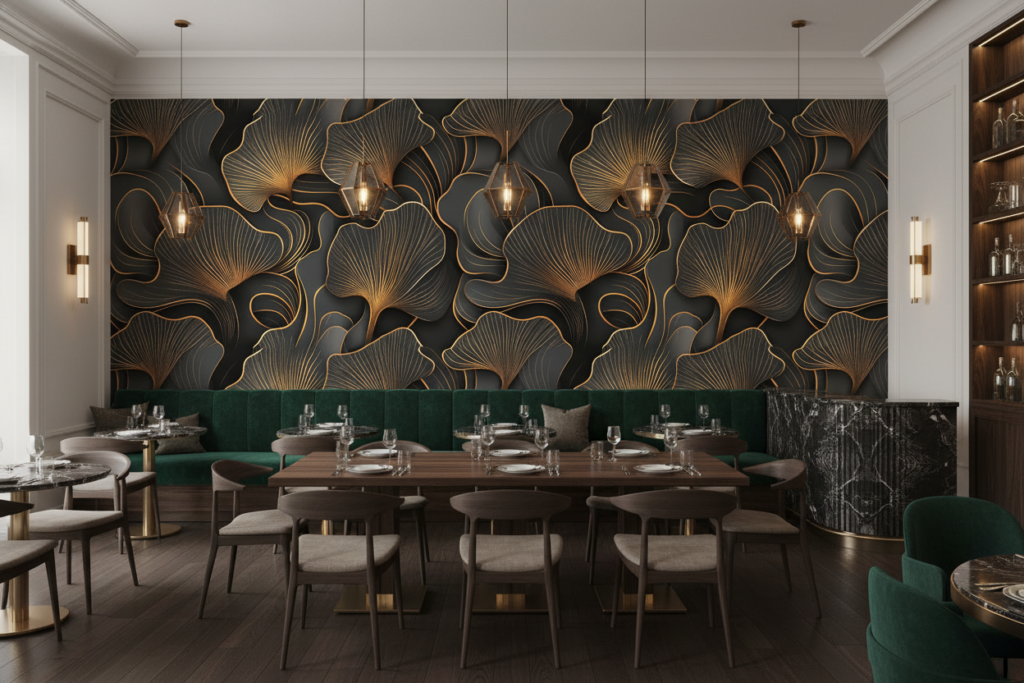 Papier Peint Art Déco Feuilles Dorées sur Fond Anthracite - Restaurant