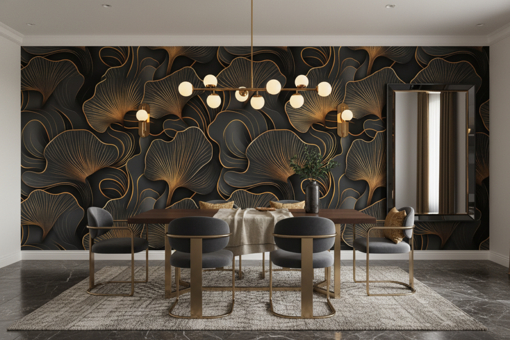 Papier Peint Art Déco Feuilles Dorées sur Fond Anthracite - Salle à manger