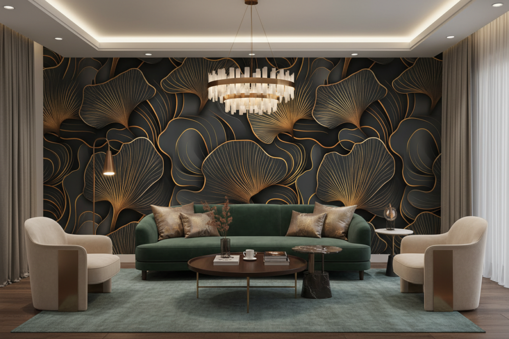 Papier Peint Art Déco Feuilles Dorées sur Fond Anthracite - Salon / Séjour