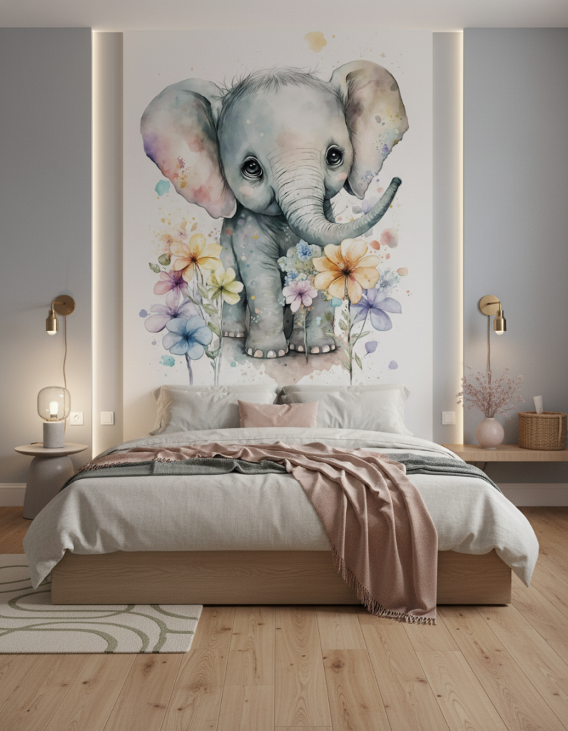 Papier peint bébé éléphant aquarelle avec fleurs délicates pastel - Chambre adulte