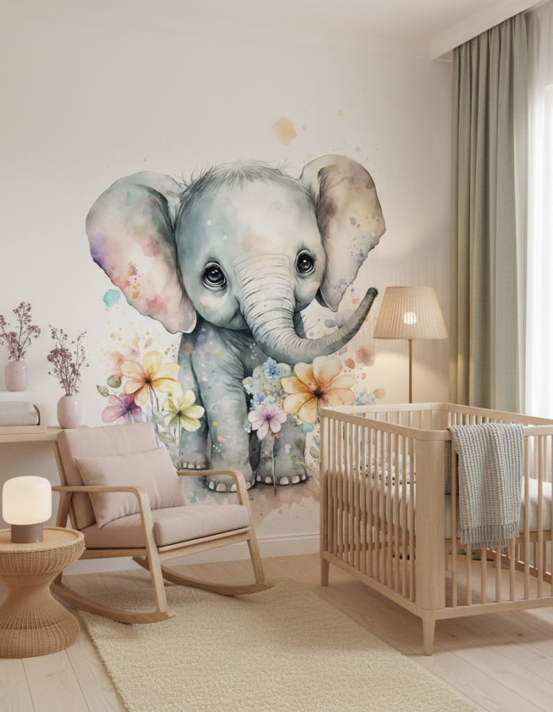 Papier peint bébé éléphant aquarelle avec fleurs délicates pastel - Chambre bébé