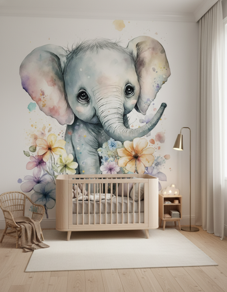 Papier peint bébé éléphant aquarelle avec fleurs délicates pastel - Chambre enfant