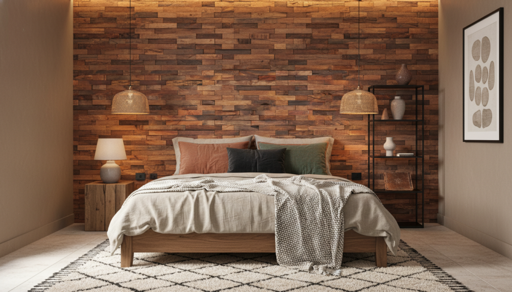 Papier Peint Briques de Bois Naturel Effet Relief Rustique - Chambre adulte