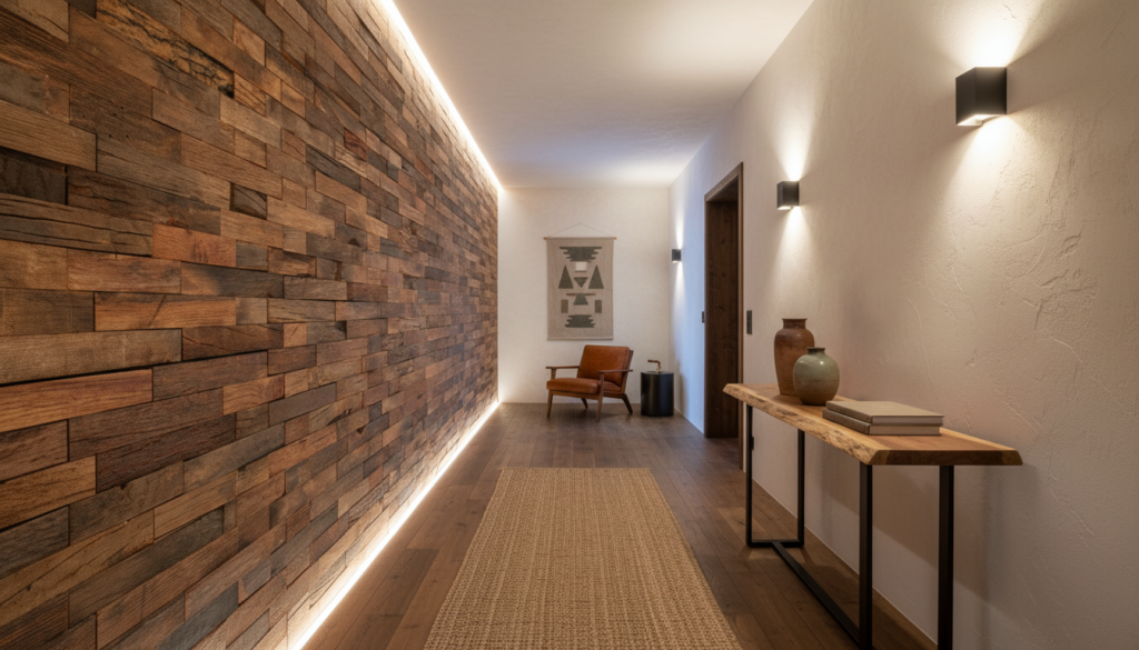 Papier Peint Briques de Bois Naturel Effet Relief Rustique - Couloir