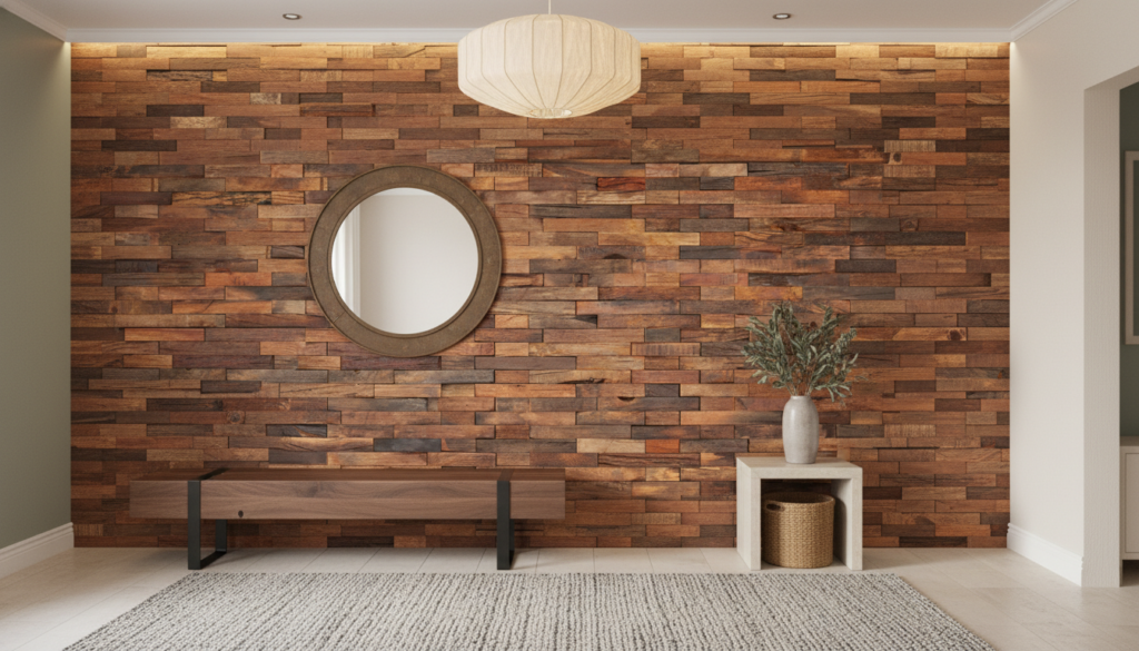 Papier Peint Briques de Bois Naturel Effet Relief Rustique - Entrée