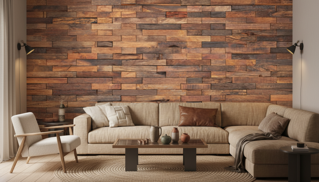 Papier Peint Briques de Bois Naturel Effet Relief Rustique - Salon / Séjour