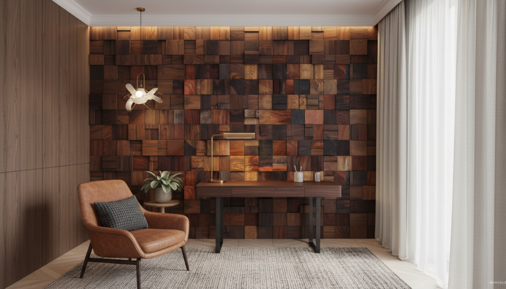 Papier peint carrelage bois naturel effet 3D géométrique - Bureau