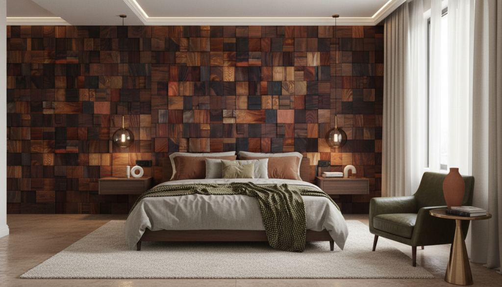 Papier peint carrelage bois naturel effet 3D géométrique - Chambre adulte