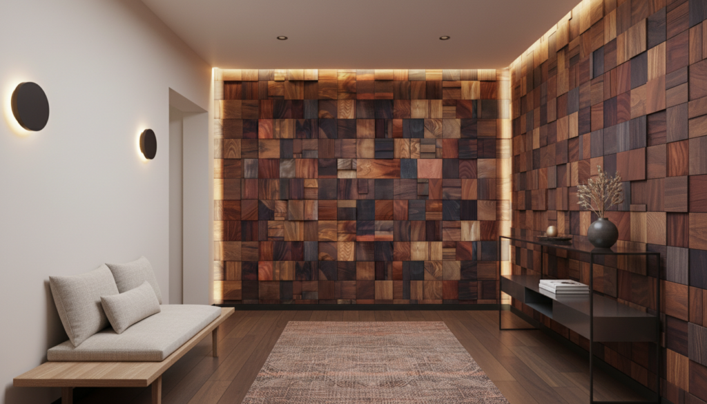 Papier peint carrelage bois naturel effet 3D géométrique - Couloir