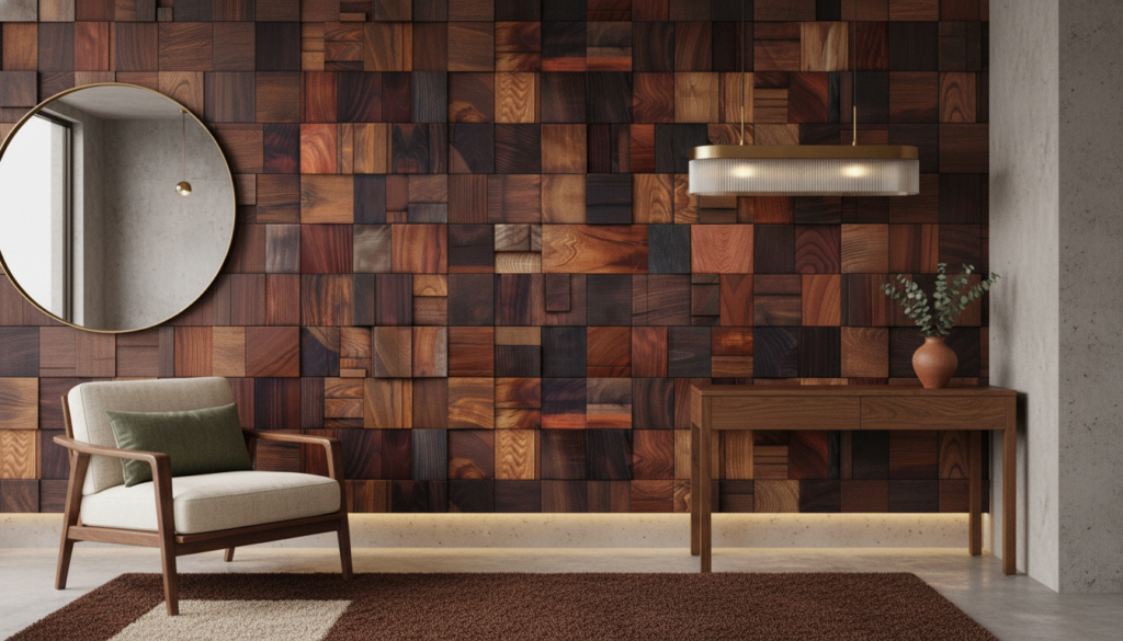 Papier peint carrelage bois naturel effet 3D géométrique - Entrée