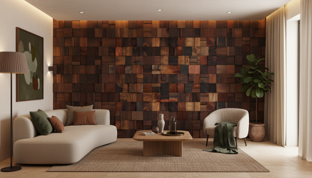 Papier peint carrelage bois naturel effet 3D géométrique - Salon / Séjour