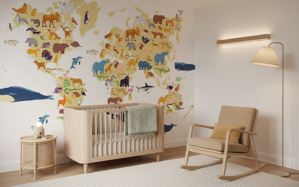 Papier Peint Carte du Monde Animalière Colorée pour Enfants - Chambre bébé