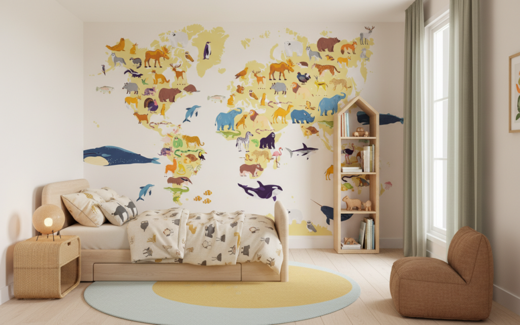 Papier Peint Carte du Monde Animalière Colorée pour Enfants - Chambre enfant