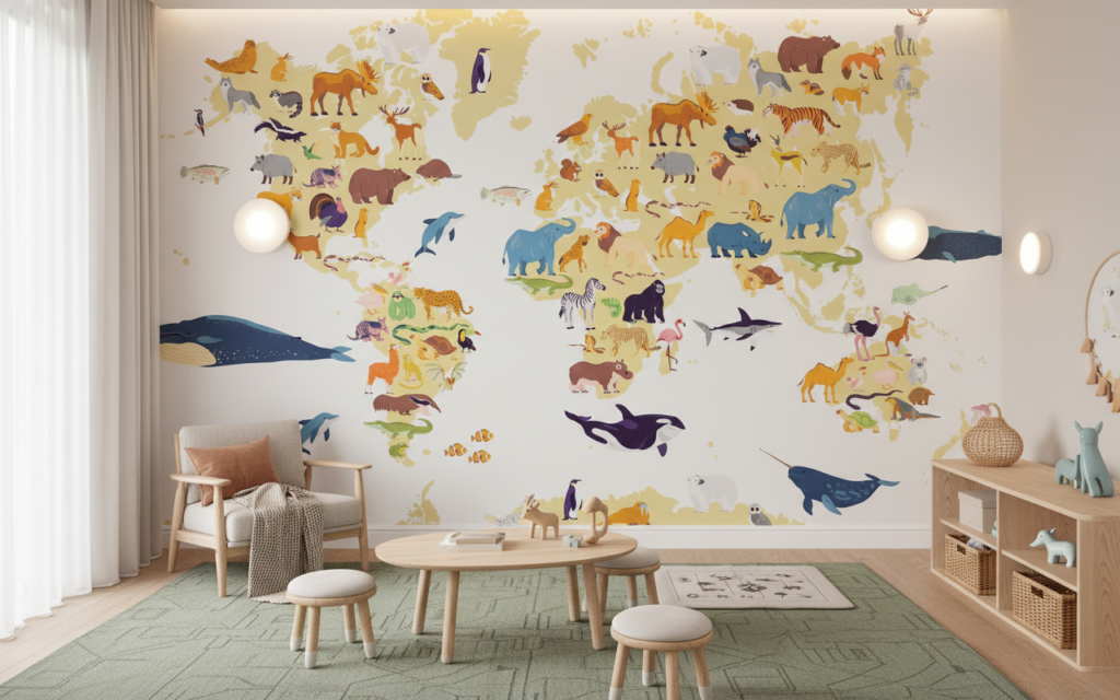 Papier Peint Carte du Monde Animalière Colorée pour Enfants - Espace enfant (pro)
