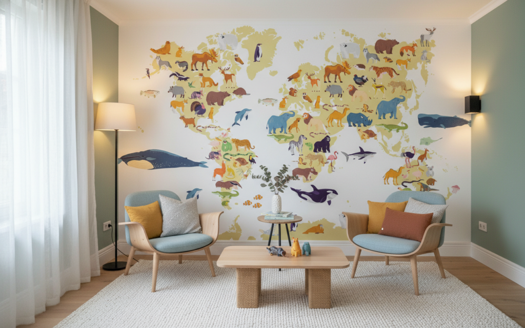 Papier Peint Carte du Monde Animalière Colorée pour Enfants - Salle d'attente / Cabinet